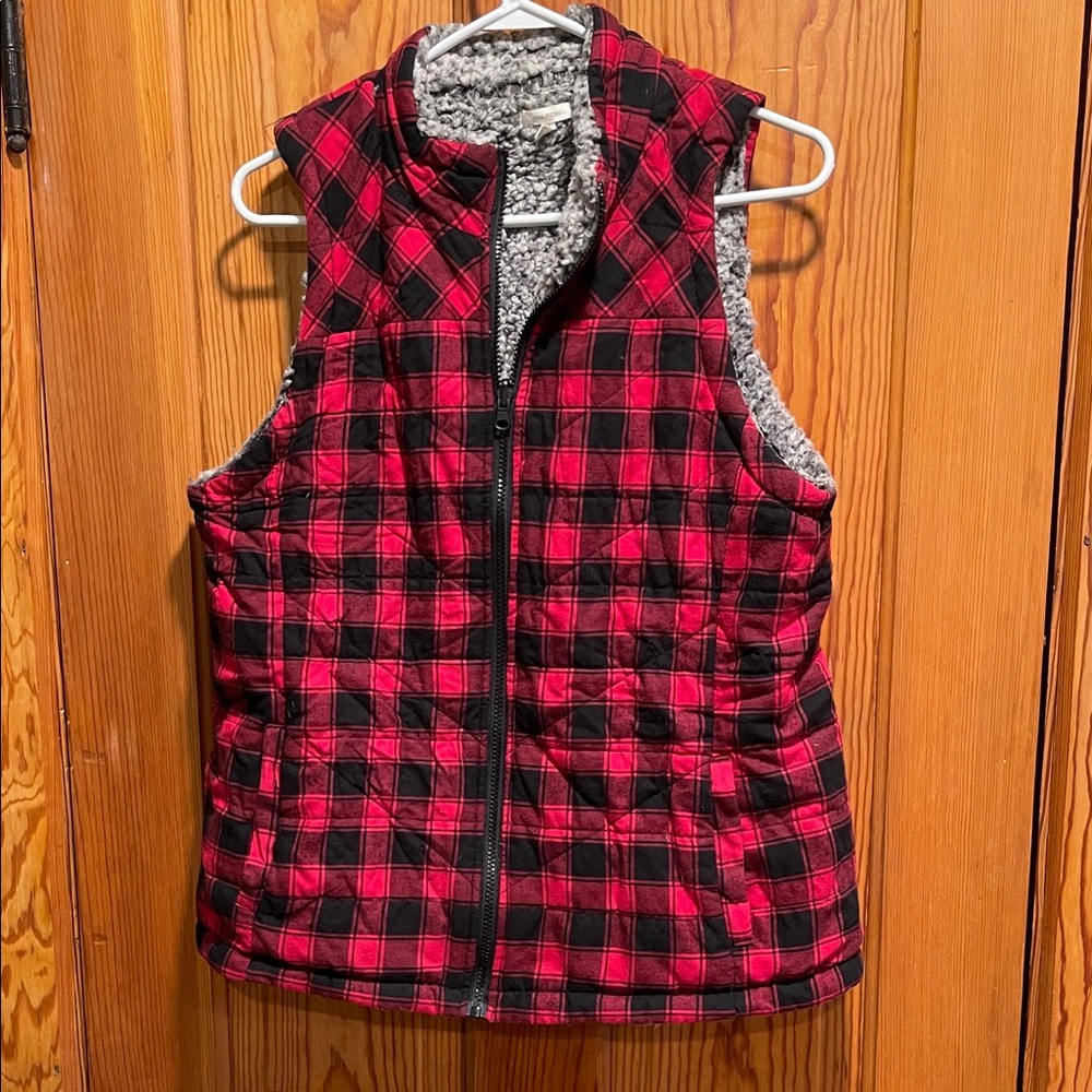 Maurices Gray and Red Plaid Vest with Sherpa Lining